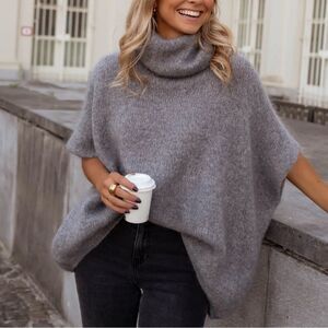 Easy Clothes Boutique Herman Cape Sweater - Gray Turtleneck Pullover - OS
